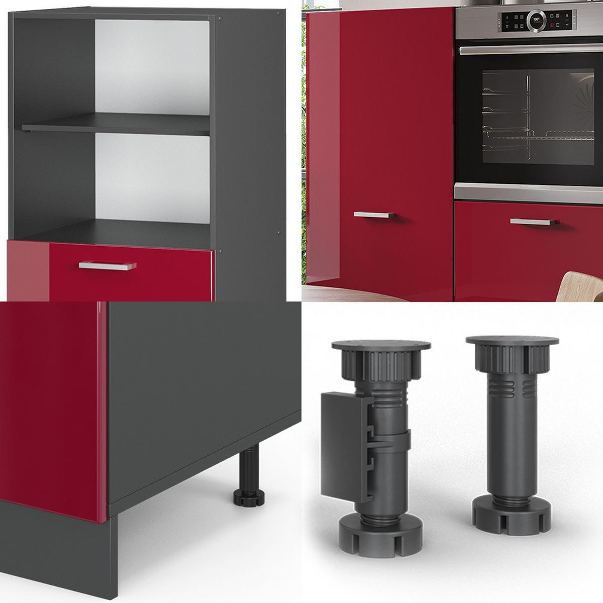 KÜCHENBLOCK R-Line Rot Hochglanz/Anthrazit 180 cm ohne Arbeitsplatte - Anthrazit/Rot, Holzwerkstoff (180/143/46cm) - Vicco