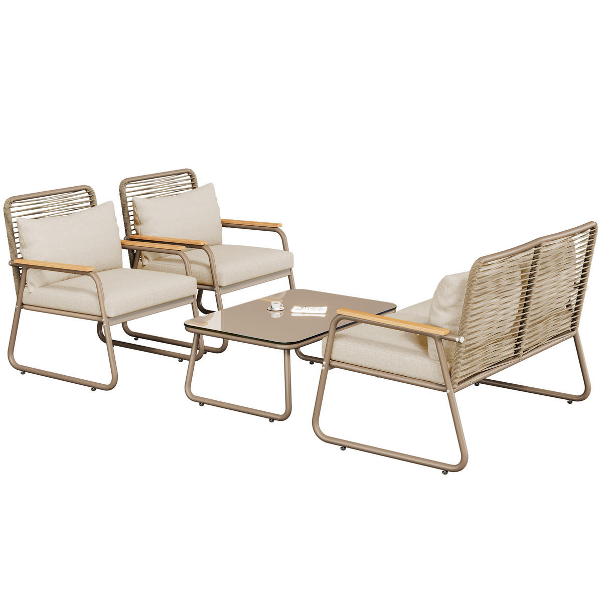 LOUNGESET 4 Personen Beige Mit Verstellbaren Füßen & Glastisch - Beige, Metall - FLIEKS