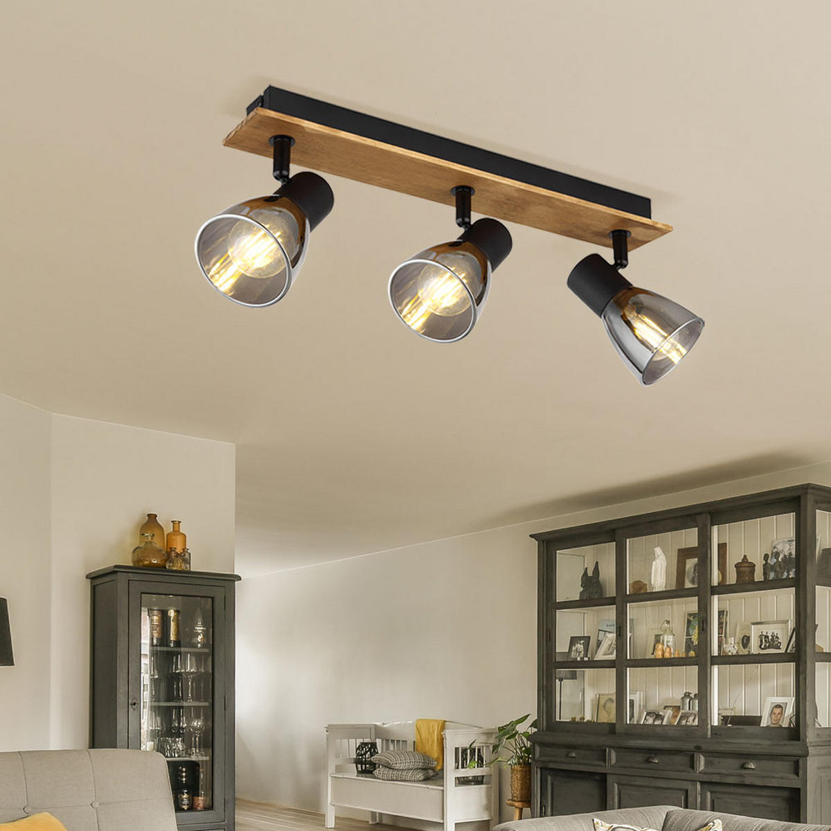 DECKENLEUCHTE Metall Glas Schwarz CLAUDE - Braun, Holz (40/7/15.5cm) - Globo Lighting