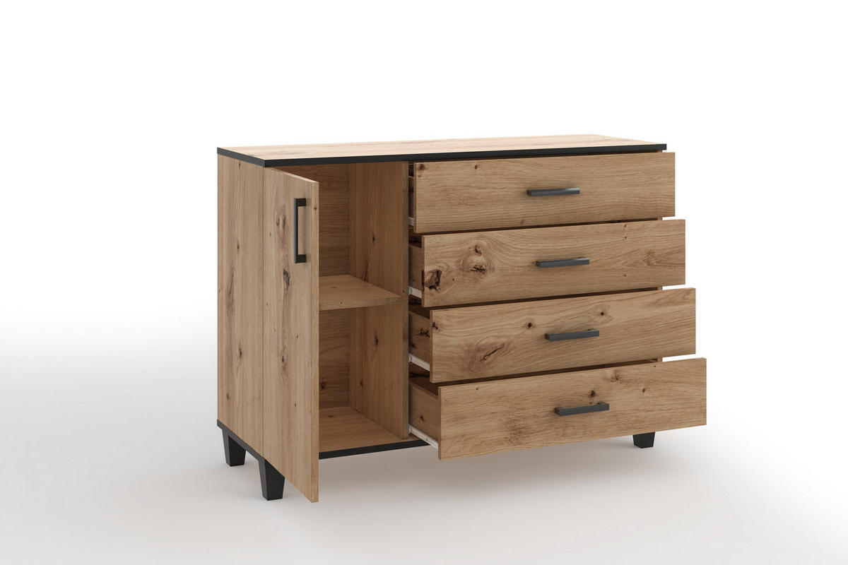 KOMMODE CORTEZA 120/90/40cm mit 4 Schubladen 1 Türen Eiche Artisan - Eiche Artisan, Holzwerkstoff (120/90/40cm) - MASSENO