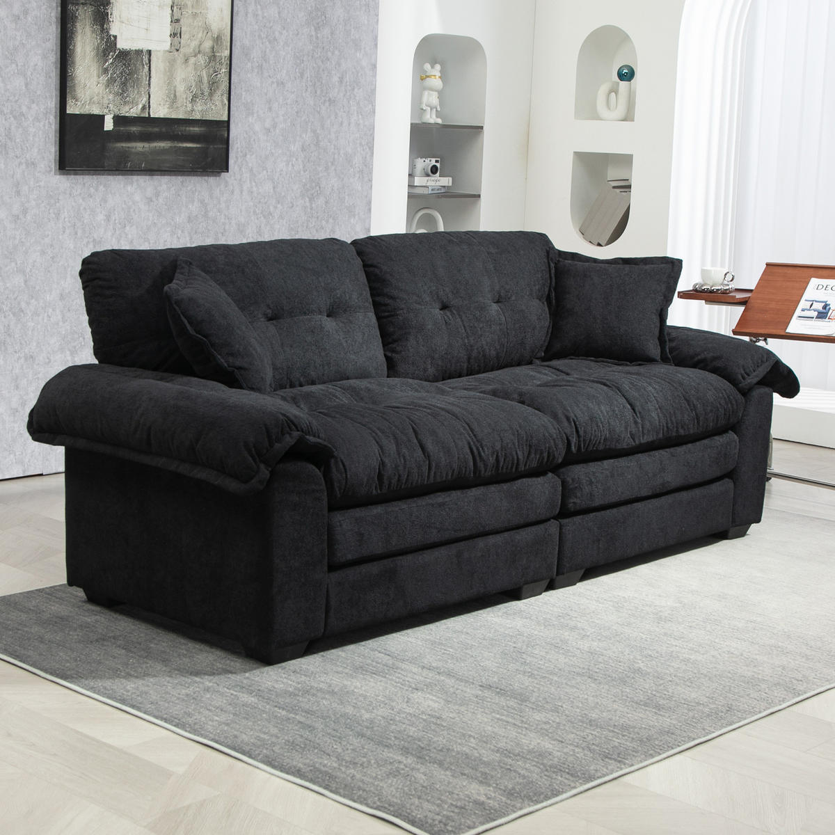 SOFA 2-Sitzer tiefer Sitz 214 x 89 x 93 cm Chenille Schwarz - Schwarz, Kunststoff (214/93/89cm) - Meubliv