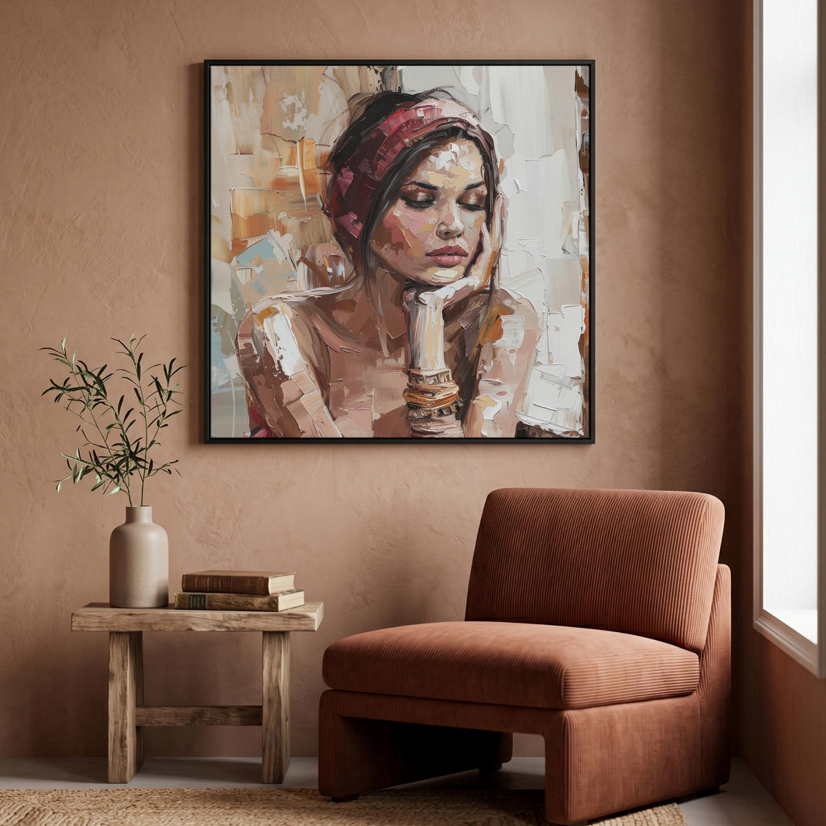 LEINWAND Bilder mit Rahmen - Frau - Lackierung - Porträt - Modern - 90x90 - Altrosa, Textil (90/90cm) - MuchoWow
