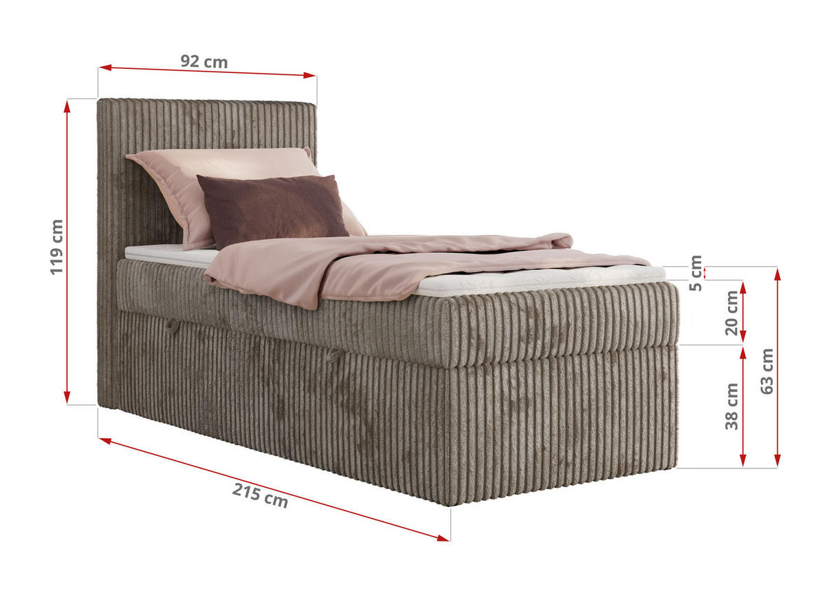 BOXBETT TILIANO 90/200 - Hellbraun Cord - H3 - Visco Topper - Rechts - Hellbraun, Textil (90/200cm) - MKS