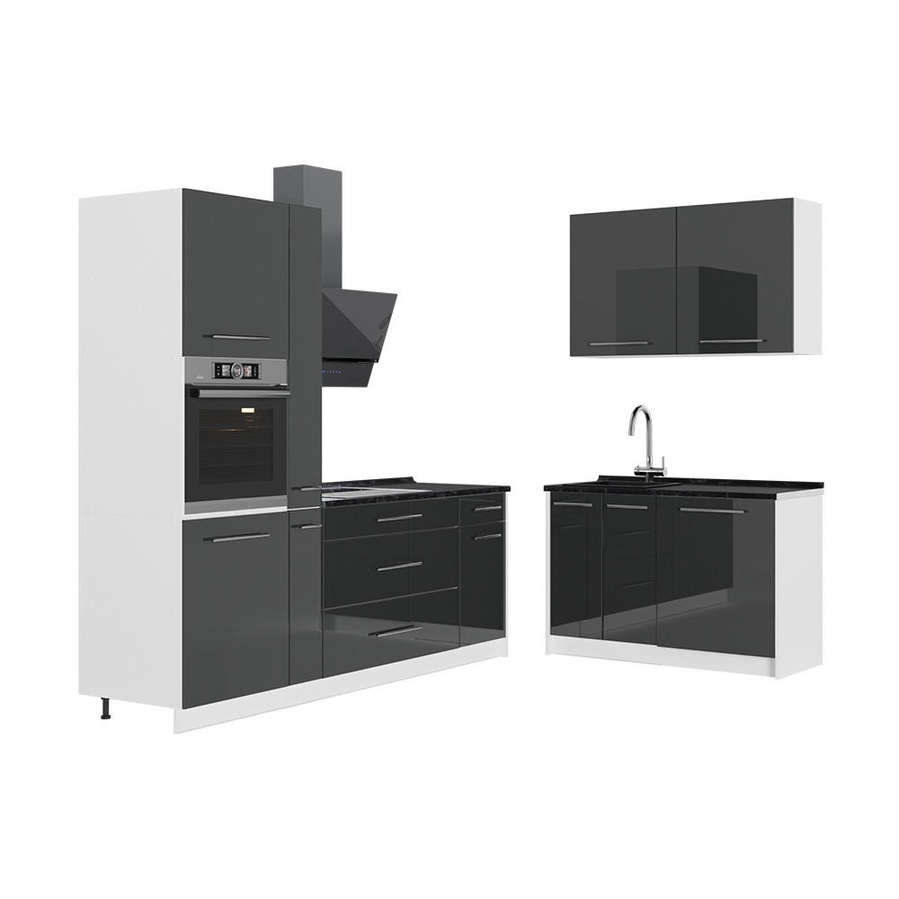 KÜCHENZEILE Fame-Line, Anthrazit Hochglanz/Weiß, 220 x 120 cm, AP Anthrazit - Schwarz Hochglanz/Weiß, Holzwerkstoff (220/206.8/60cm) - Vicco