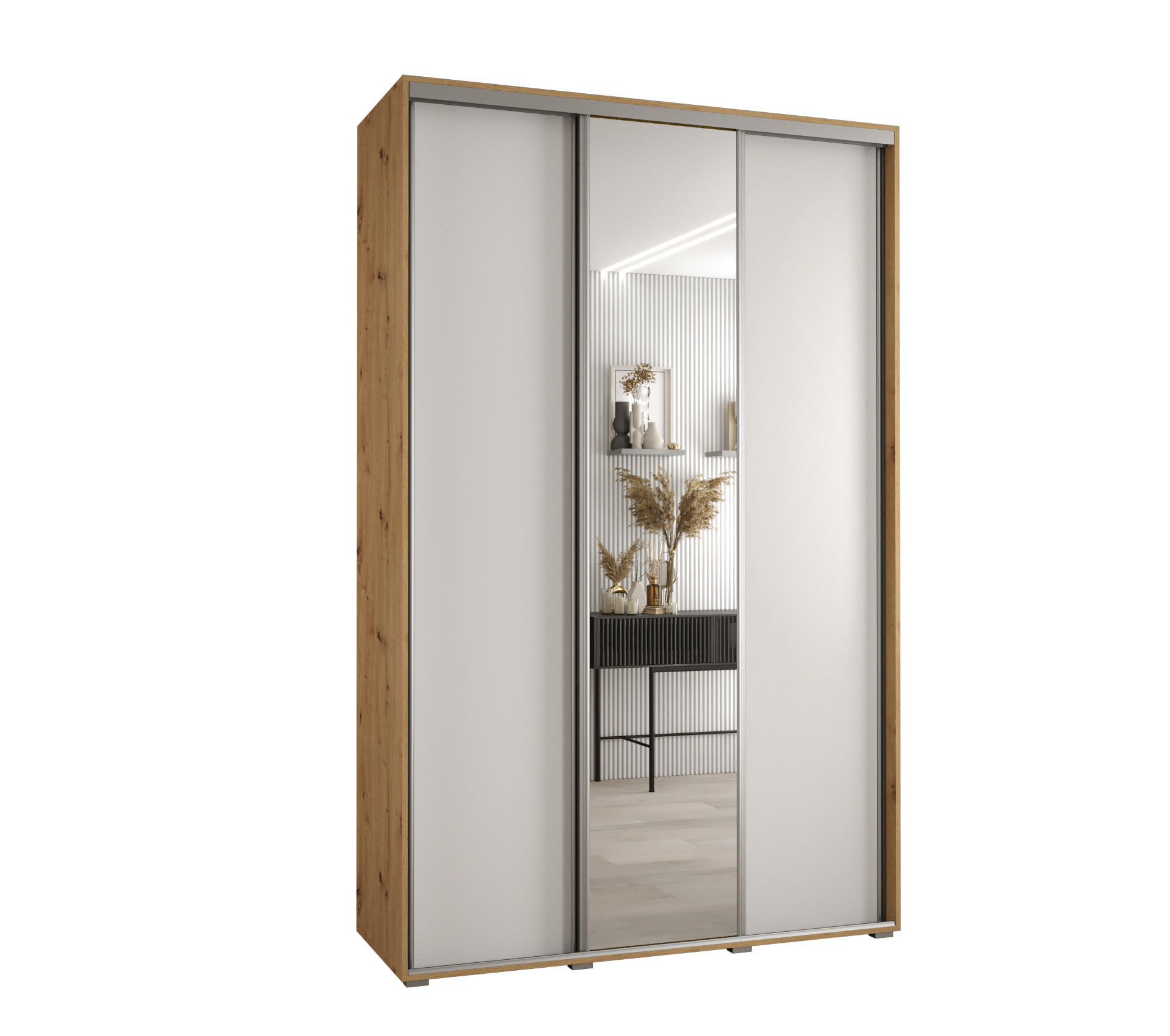 Abiks Möbel Schwebetürenschrank Eiche Artisan, Weiß, Silber 150x235x60 cm