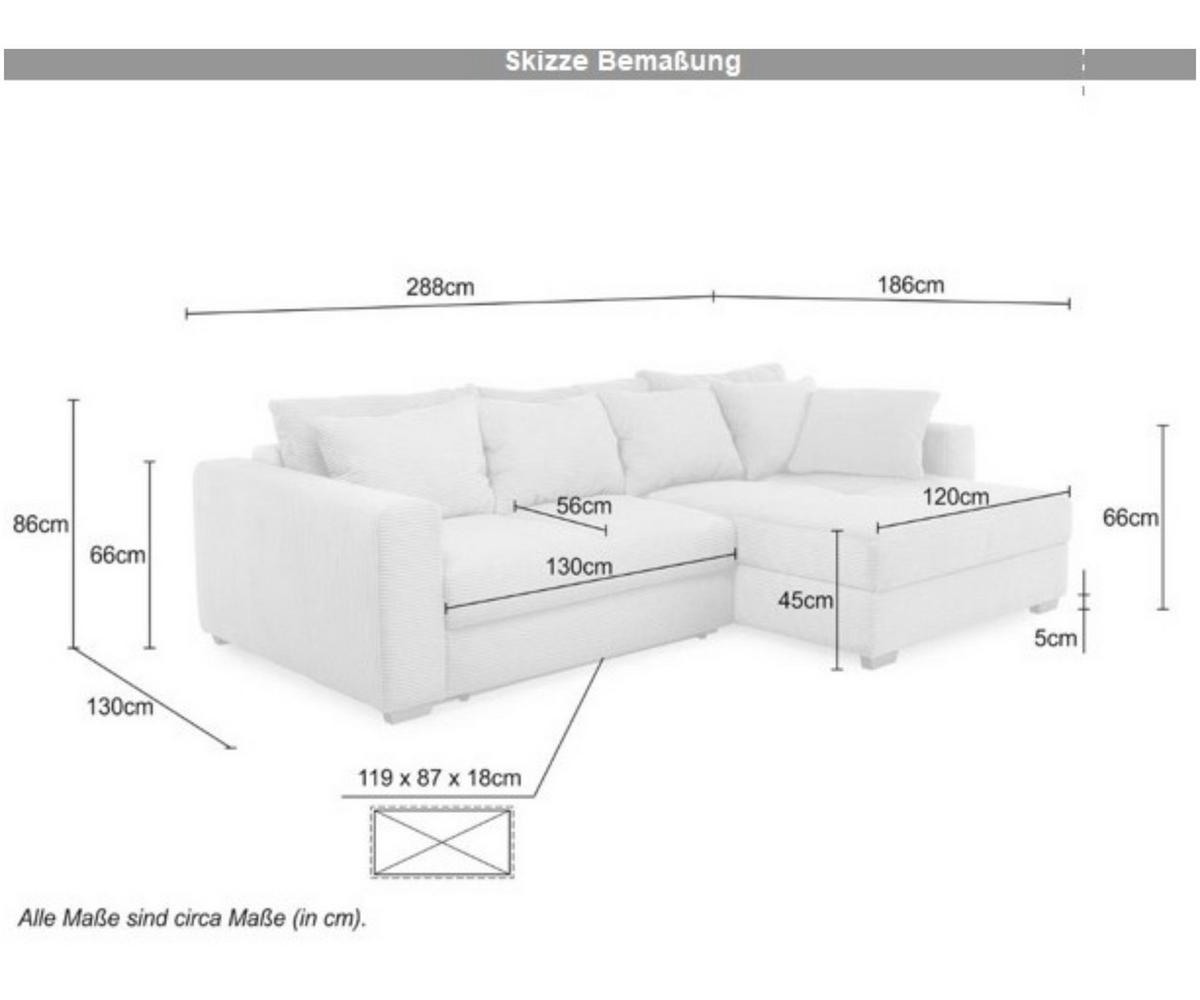 ECKSOFA-DAUERSCHLÄFER Federkern Bettkasten, seitenverkehrt montierbar B288/T186/H86 cm, Liegefl. 153x245 cm, Cord Beige Grau / 15154 - Greige/Eichefarben, Holz/Textil (288/186cm) - luma-home