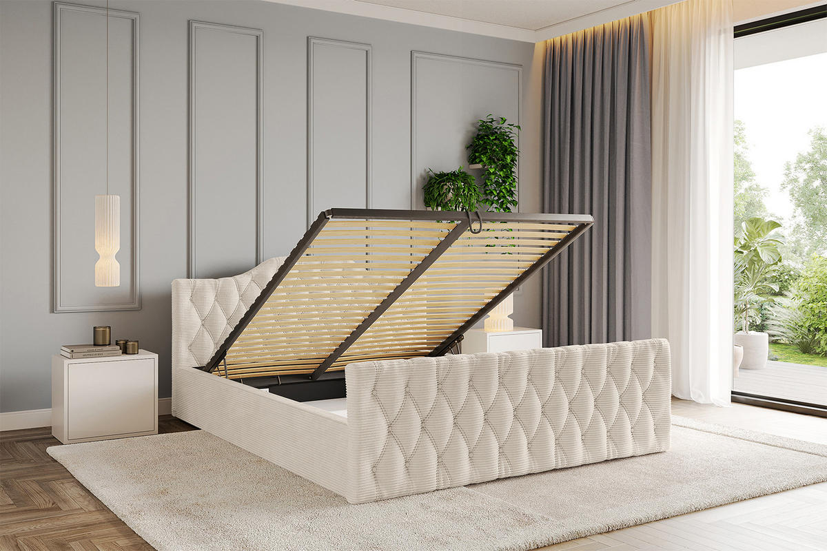 POLSTERBETT mit Bettkasten, Fußteil und Lattenrost, Boxbett mit Matratze H3/H4 - FALIO-Z-V1 180x200 Beige - Creme, Holzwerkstoff/Textil (180/200cm) - ALTDECOR