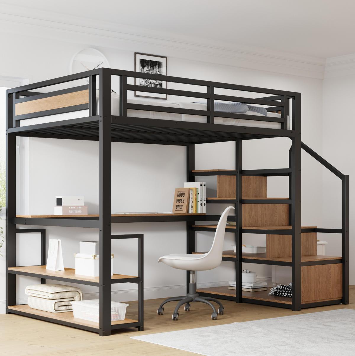 HOCHBETT 140/200 cm Schwarz aus Metall und MDF mit Regalen und Tisch - Schwarz, Metall (140/200cm) - OKMYHOME