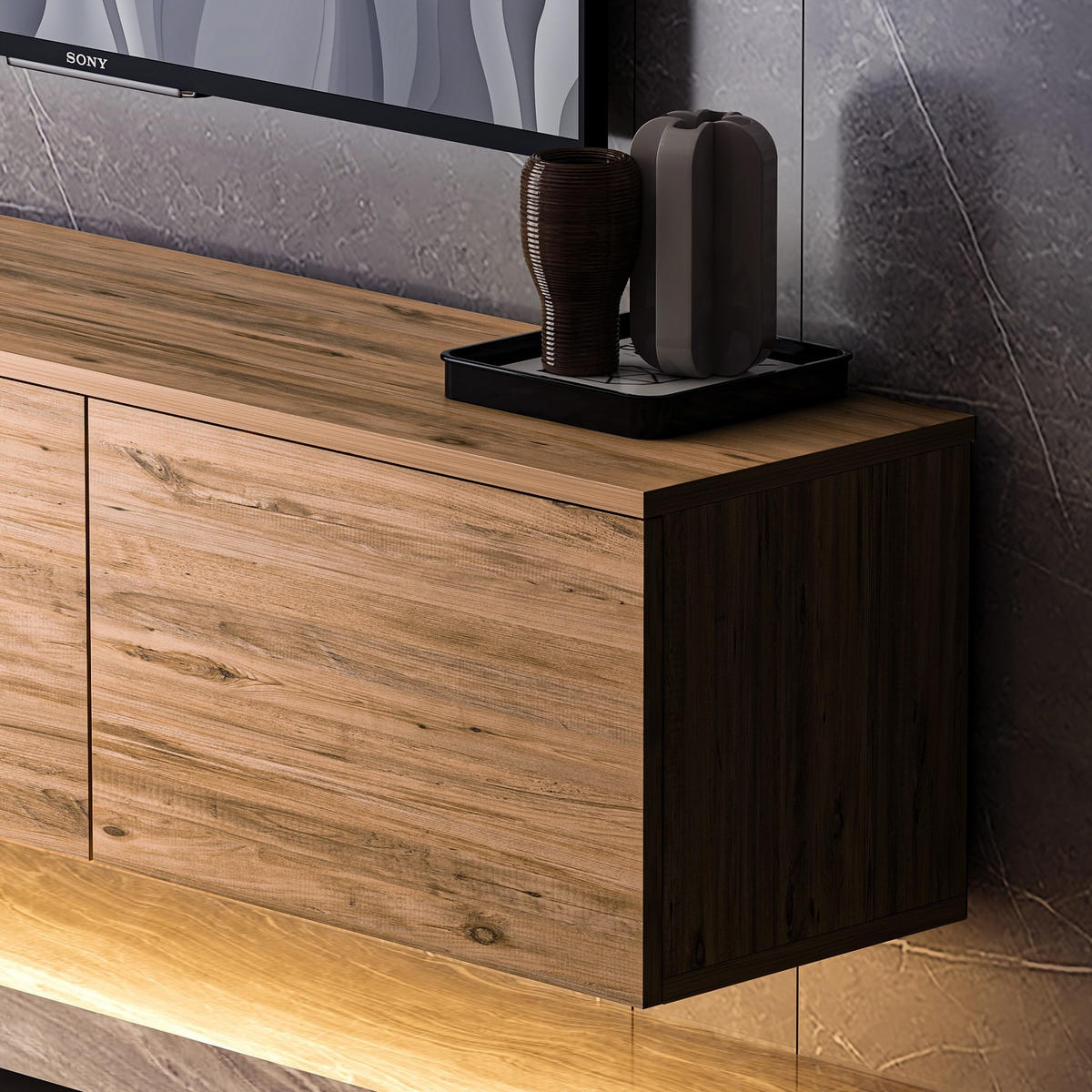 TV-MÖBEL Neon Illuminated Hängend Braun - Braun, Holz (160/35/32cm) - Habitat Garten