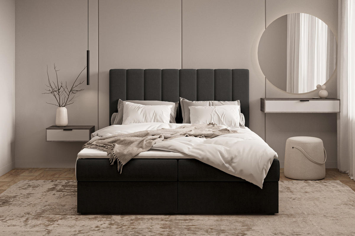 BOXBETT 01 140 x 200 cm - Manila – Stilvoll und bequem Mit Bettkasten, PU-Topper, Federmechanismus, waschbarer Bezug - Schwarz, Holz (140/200cm) - ROYAL24_MARKT