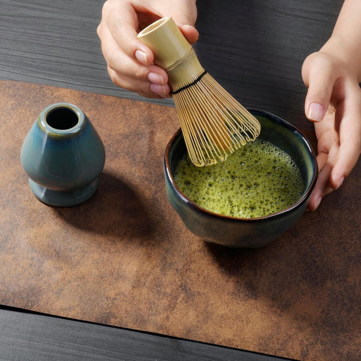 MATCHA-TEESET 5-teiliges Set Keramikschale Bambusbesen - Grün, Keramik (19.4/8.9/24.6cm)
