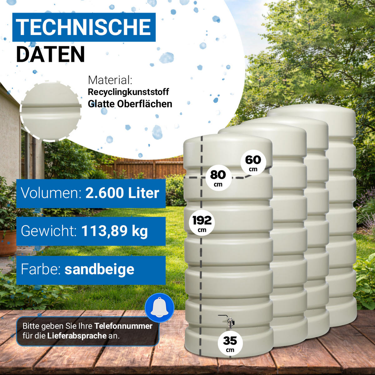 REGENTONNE Wandtank-SET Komplett-Set 2600 L, sandbeige 4 x 650 L, inkl. Verbinder und Fallrohranschluss - Beige, Kunststoff (320/192/60cm) - 4rain