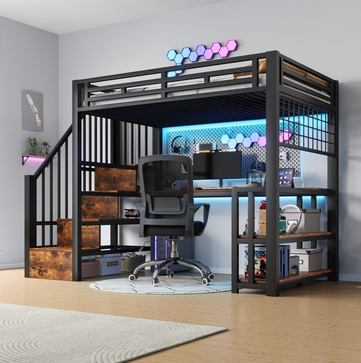 HOCHBETT 90/200 cm in Schwarz – mit Schreibtisch, Stauraumtreppe und LED - Schwarz, Metall (90/200cm) - BEAOK