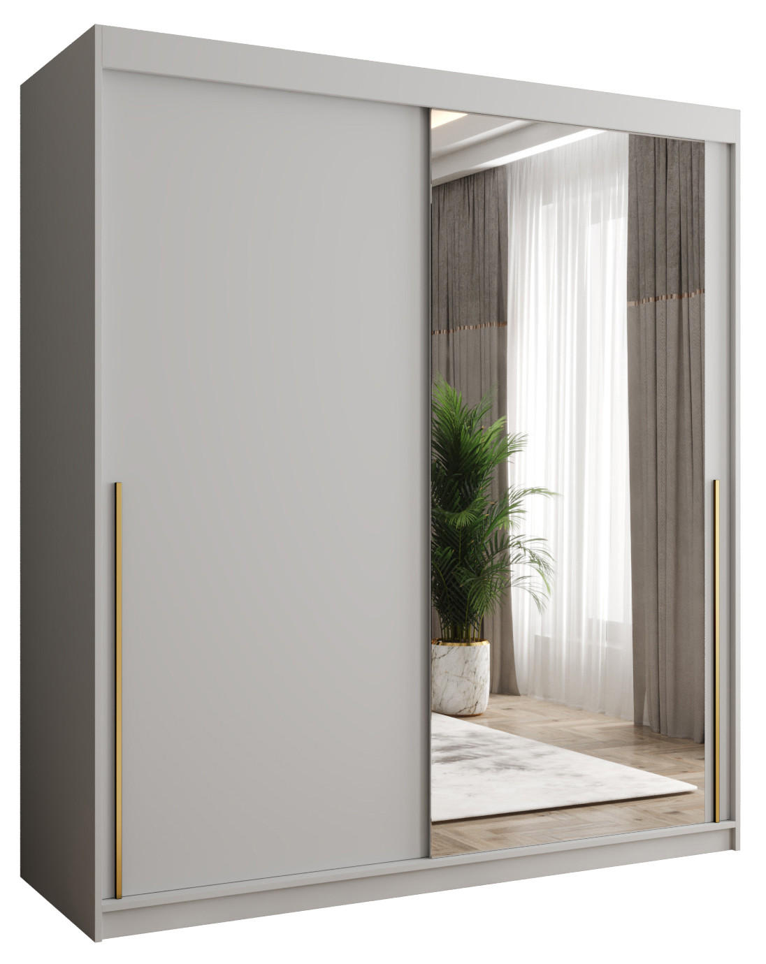 SCHIEBETÜRENSCHRANK mit Spiegel 180 cm Breite, weiß mit goldenem Griff - Goldfarben/Weiß, Holzwerkstoff (250/200/62cm) - Home Collective