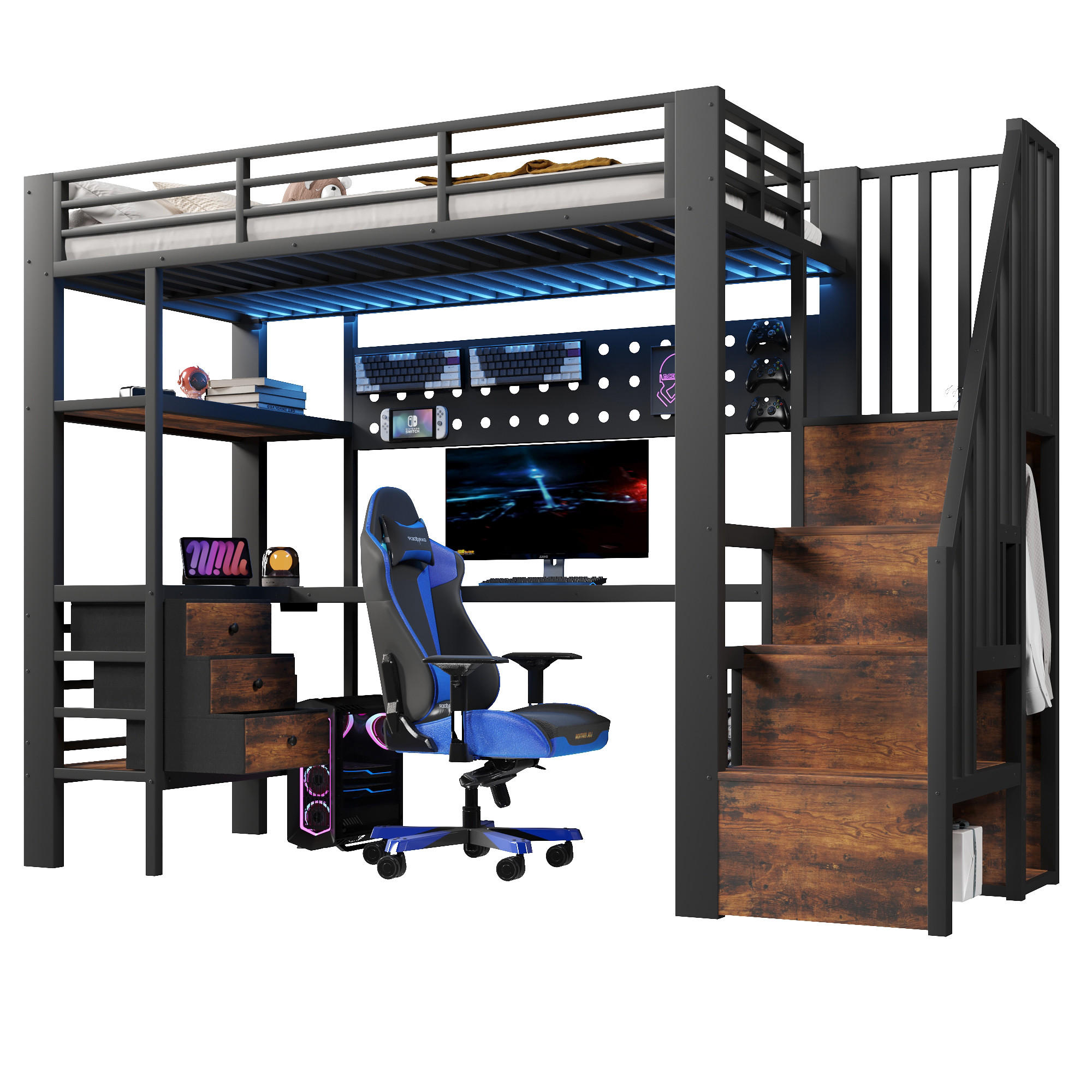 HOCHBETT 90/200 cm in Schwarz mit 3 Schubladen, Lochwand, Tisch, LED und Steckdose - Schwarz, Holzwerkstoff/Metall (90/200cm) - STILVORA