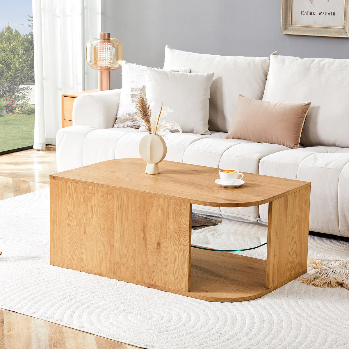COUCHTISCH mit Stauraum Natur/Transparent Holz und Glasablage 100/60/42 cm - Transparent/Naturfarben, Glas/Holzwerkstoff (100/60/42cm)