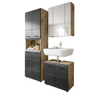 BADMÖBEL-SET 3-teilig schwarz matt, Nox Eiche inklusive Hochschrank 4-türig, 135 x 185 cm - Eichefarben/Schwarz, Glas/Holzwerkstoff (135/185/30cm) - Inn.Furn