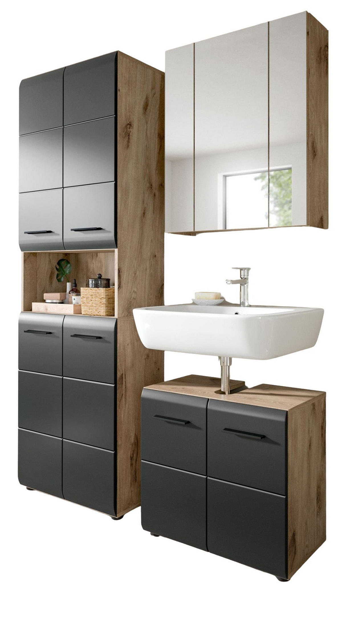 BADMÖBEL-SET 3-teilig schwarz matt, Nox Eiche inklusive Hochschrank 4-türig, 135 x 185 cm - Eichefarben/Schwarz, Glas/Holzwerkstoff (135/185/30cm) - Inn.Furn