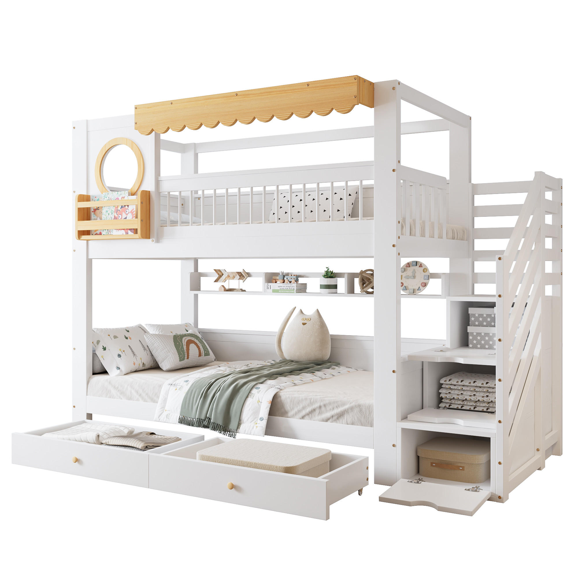 ETAGENBETT 90/200 cm in Weiß & Natur mit 2 Schubladen, Regal und Treppenschrank aus Kiefer & MDF - Weiß/Naturfarben, Holzwerkstoff (90/200cm) - STILVORA