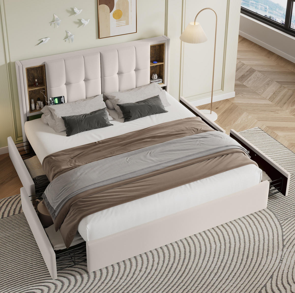 POLSTERBETT mit Matratze 160/200 cm mit kabellosem Laden, USB-C, 4 Schubladen und Matratze, Samt, Beige - Beige, Textil (160/200cm) - Redom