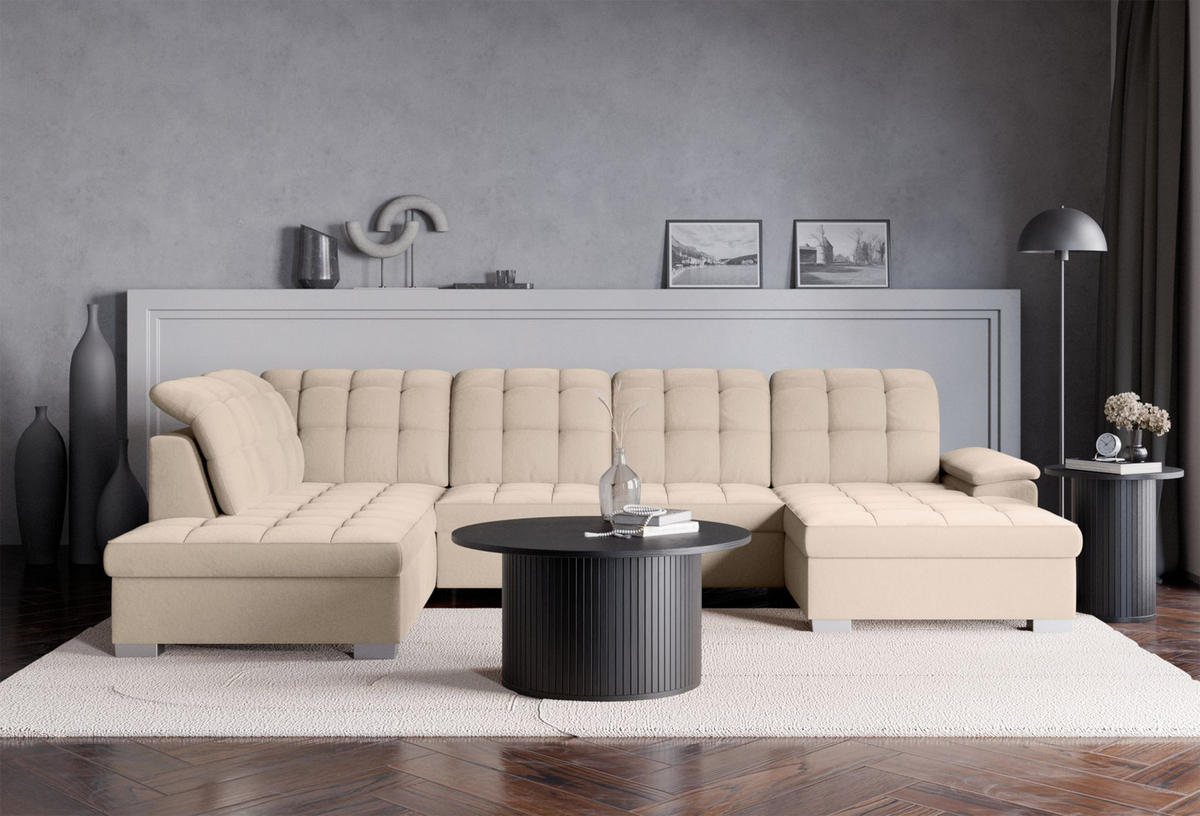 WOHNLANDSCHAFT Jamaal Beige Velours rechtsseitig - Beige/Schwarz, Textil (330/106/212cm) - Selsey