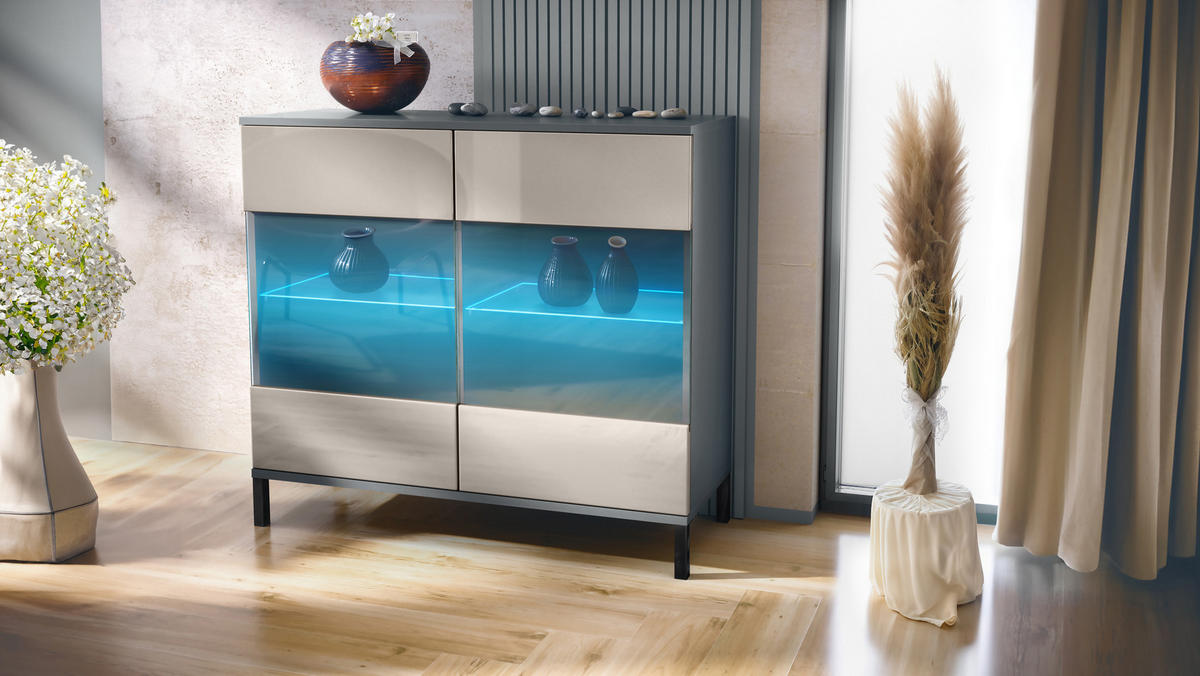 KOMMODE Bari Sandgrau Hochglanz - Sandfarben, Holzwerkstoff (92.5/83.5/35cm) - Vladon