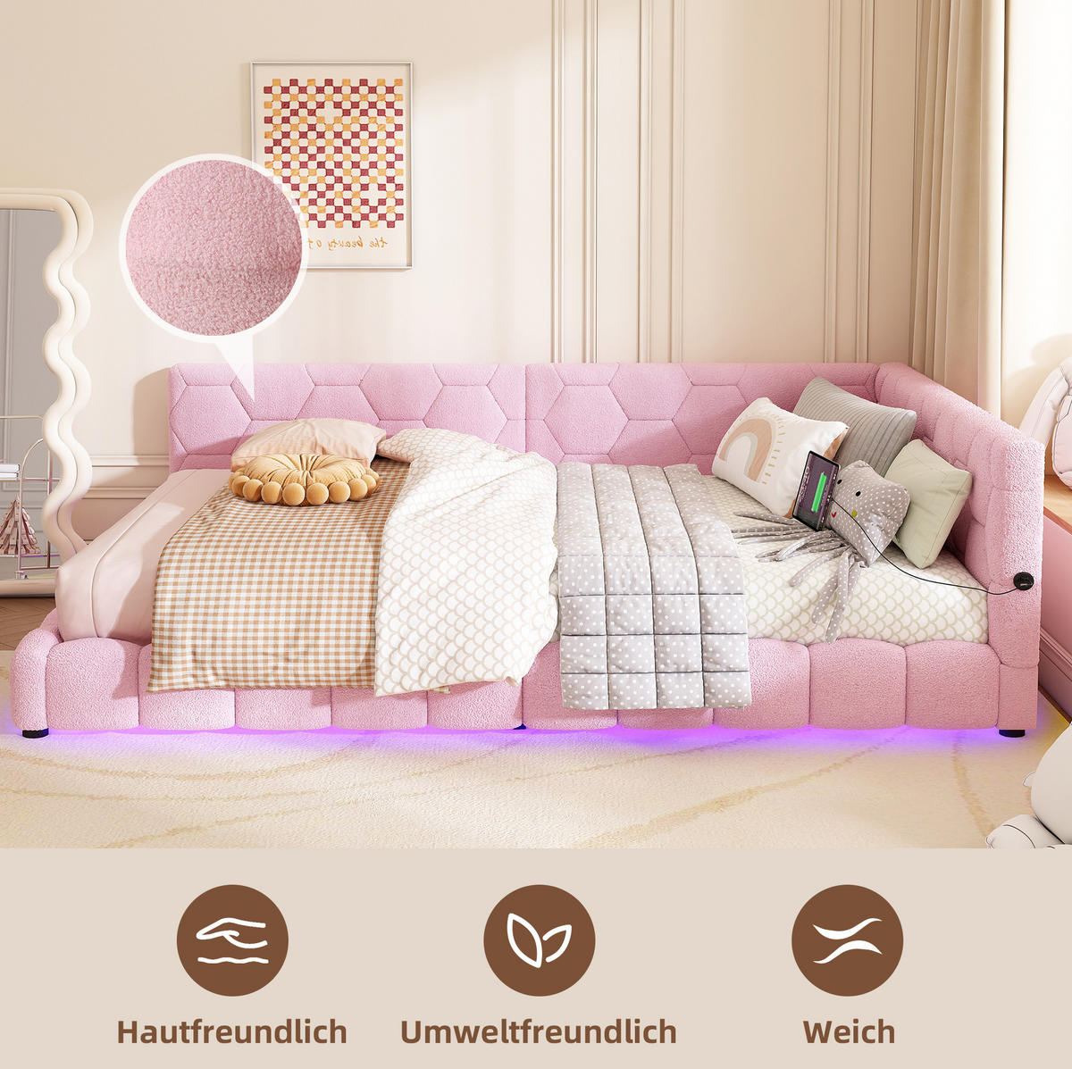 POLSTERBETT 140/200 cm Rosa aus Vliesimitat mit LED-Umgebungslicht - Rosa, Textil (140/200cm) - OKMYHOME