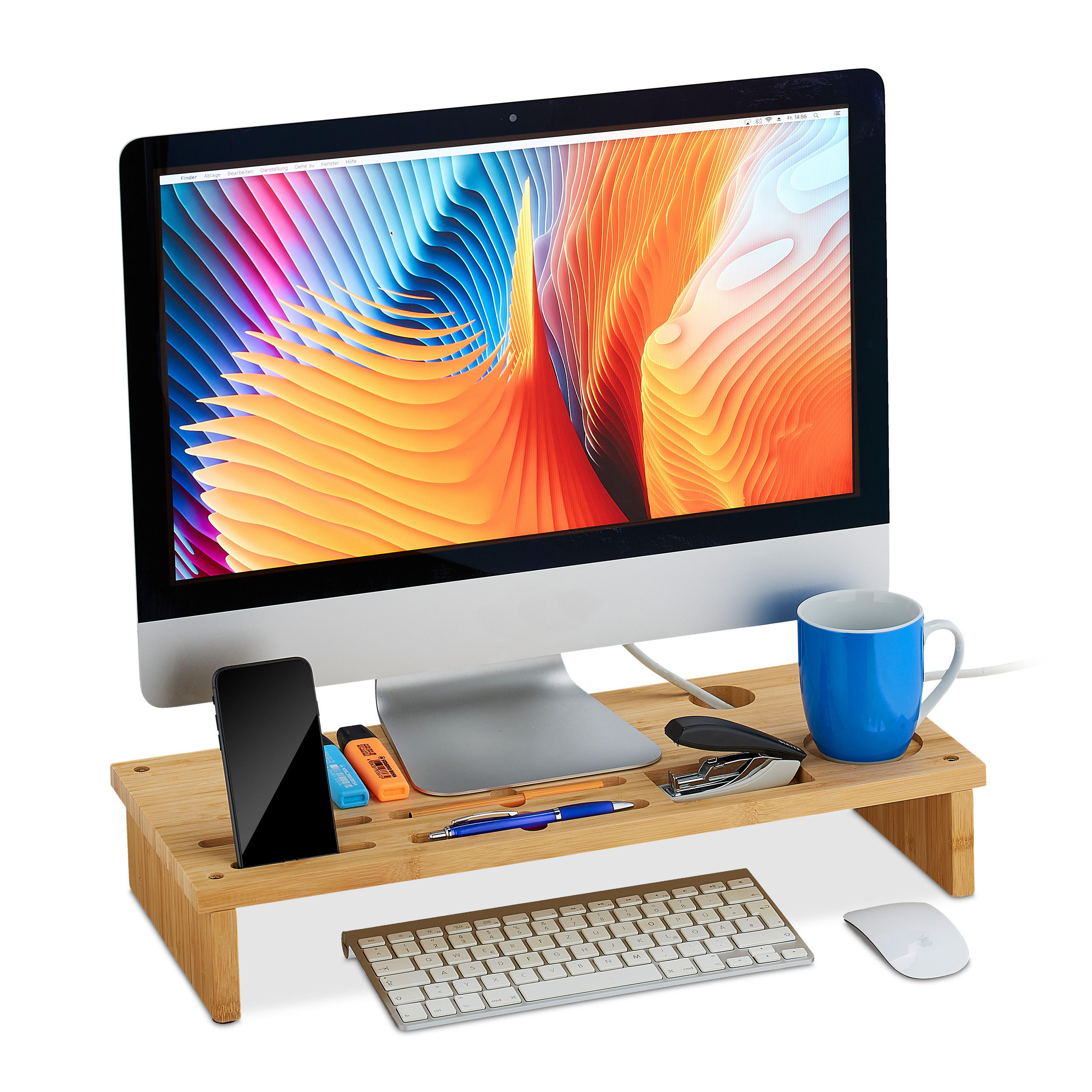 MONITORSTÄNDER Natur Bambus 6 Fächer 54x23x9 cm - Hellbraun, Holz (23/54/9cm) - Relaxdays