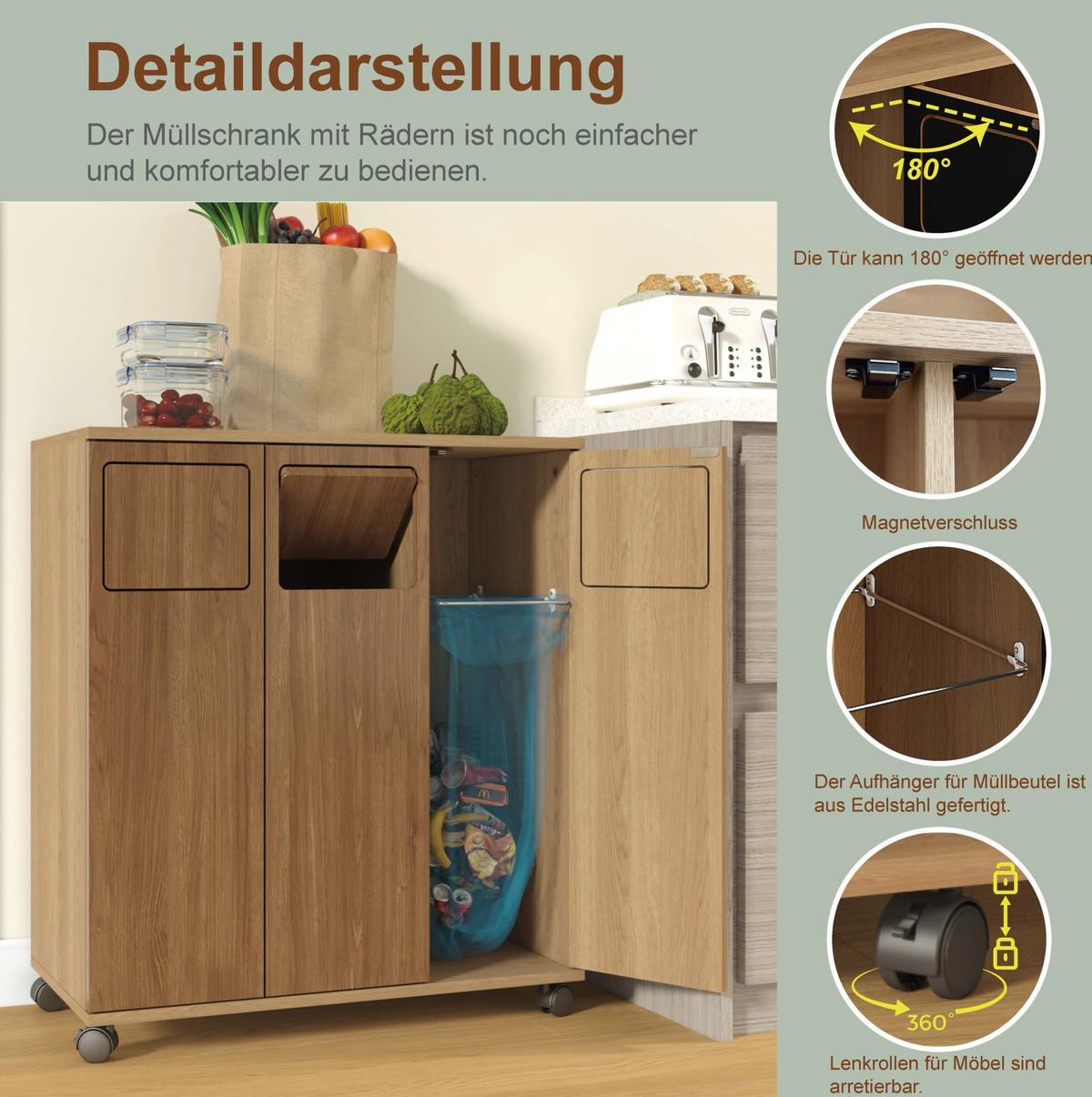 SKŘÍŇKA na třídění odpadu z MDF 69,3x35x80,3 cm přírodní na kolečkách se 3 přihrádkami a dvířky 180° - přírodní, kompozitní dřevo (70/80/35cm) - Modfu