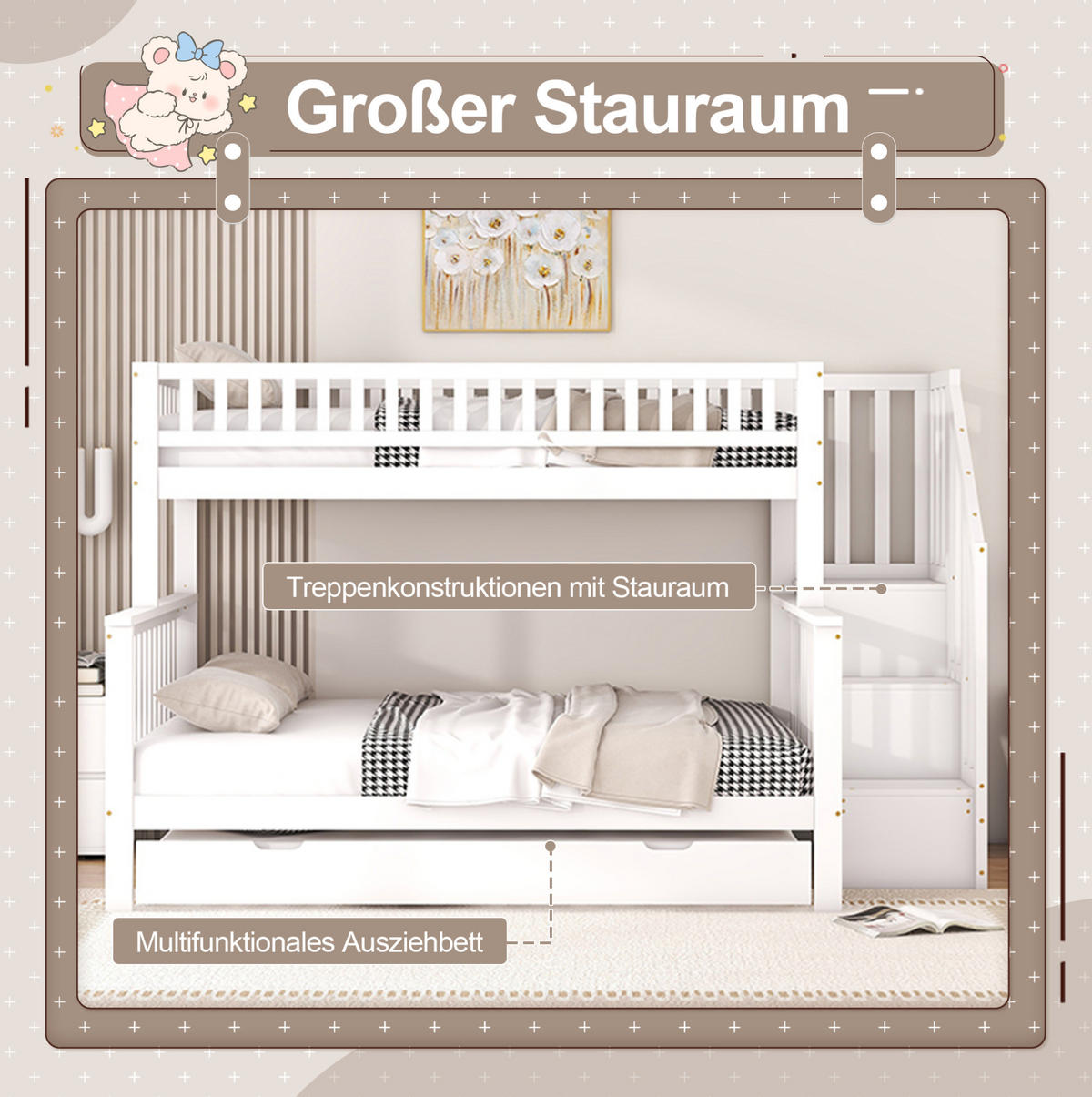 ETAGENBETT 253/240/160 cm aus Kiefer und MDF mit Ausziehbett und Stauraumtreppe Weiß - Weiß, Holz (140/200cm) - Modenvie