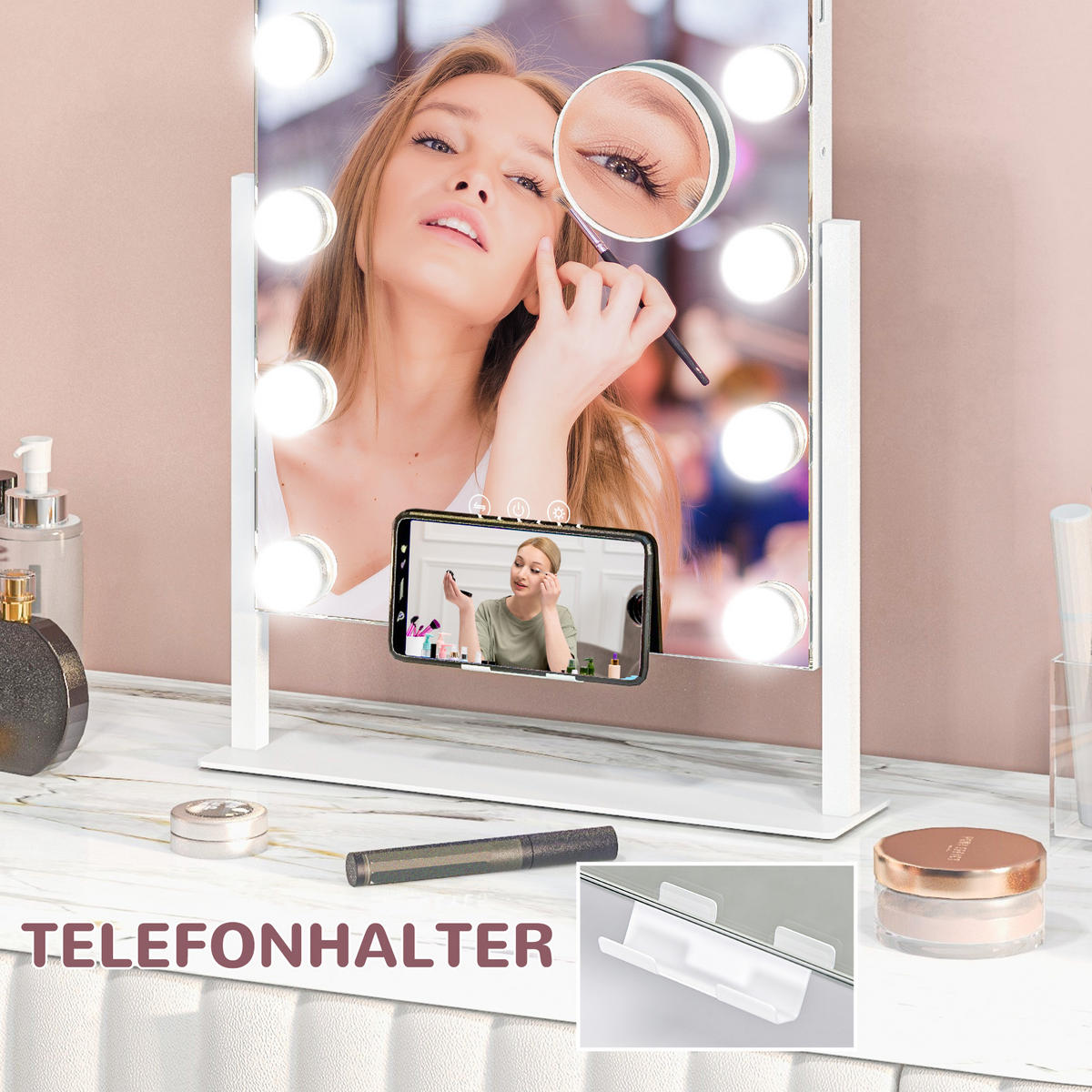HOLLYWOOD Spiegel mit Beleuchtung, Schminkspiegel mit 12 LED Licht, 3 Lichtfarben - Weiß, Glas (8.5/45.5/36.5cm) - HOMCOM