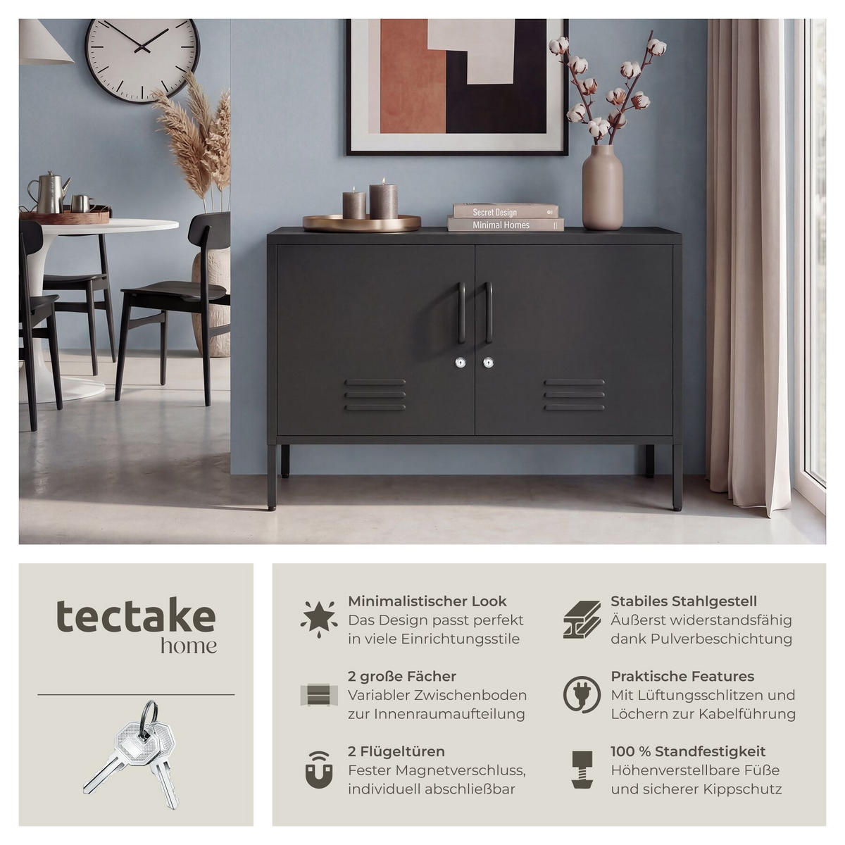 SIDEBOARD Baker, Kippschutz, höhenverstellbare Füße, schwarz - Schwarz, Metall (100/65/42.5cm) - tectake