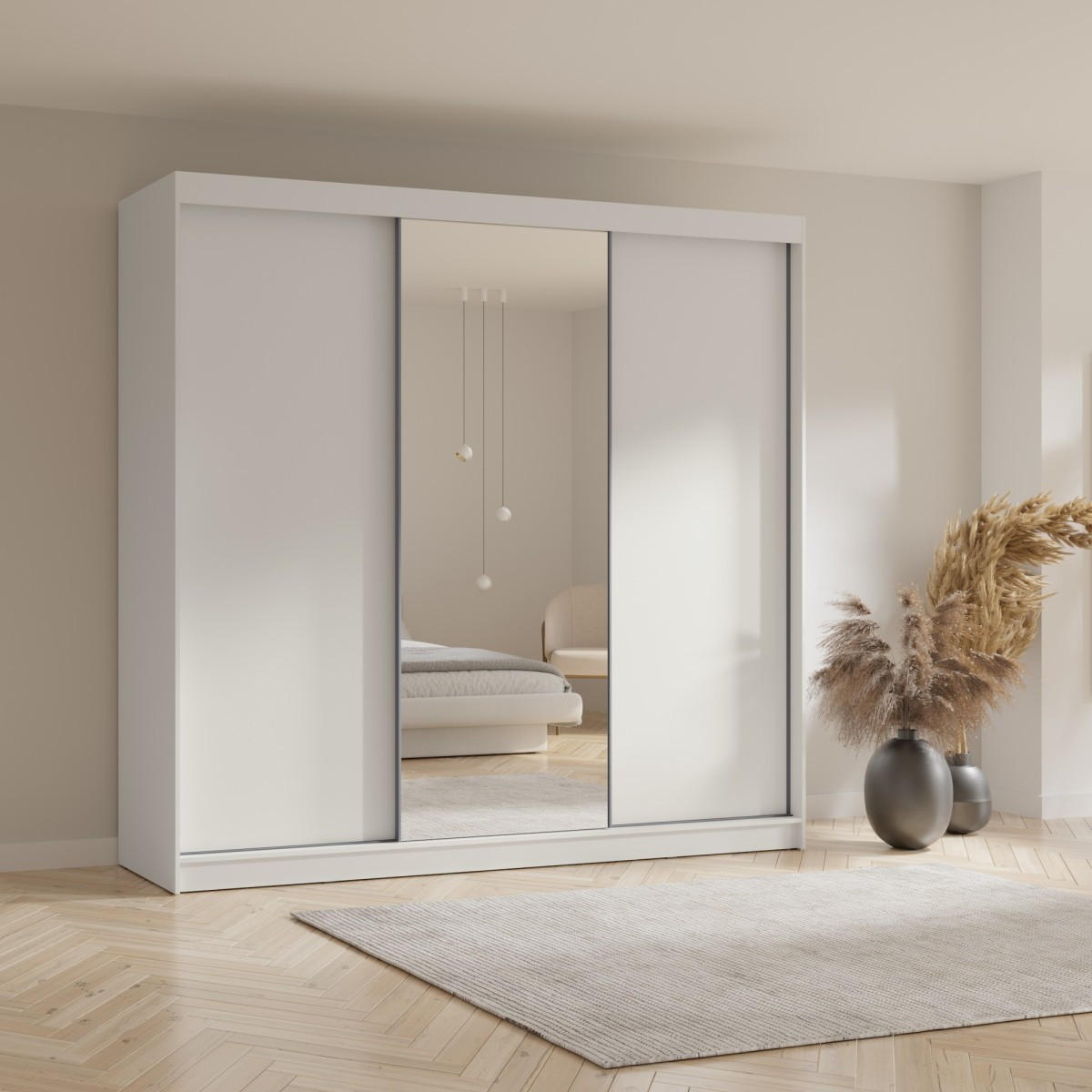 SCHWEBETÜRENSCHRANK mit Spiegel Fiore Plus 3D1L 250 Weiß/Silber - Silberfarben/Weiß, Holzwerkstoff/Metall (250/236/60cm) - mzm24