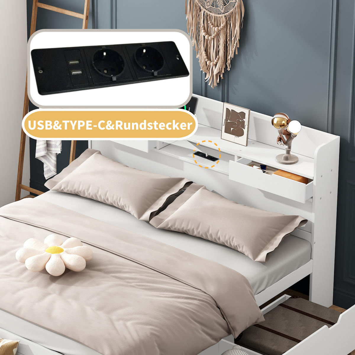 DOPPELBETT 140x200cm Weiß Mit USB & Großem Stauraum - Weiß, Holzwerkstoff (140/200cm) - FLIEKS