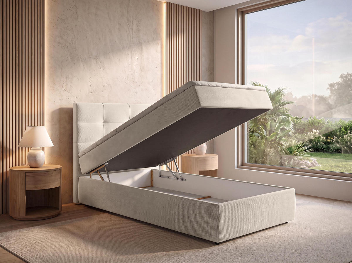 BOXBETT SAKARYA 100x200 cm mit Bettkasten und Matratze - Beige + TOPPER - Beige/Schwarz, Holz/Holzwerkstoff (100/200cm) - AX Living