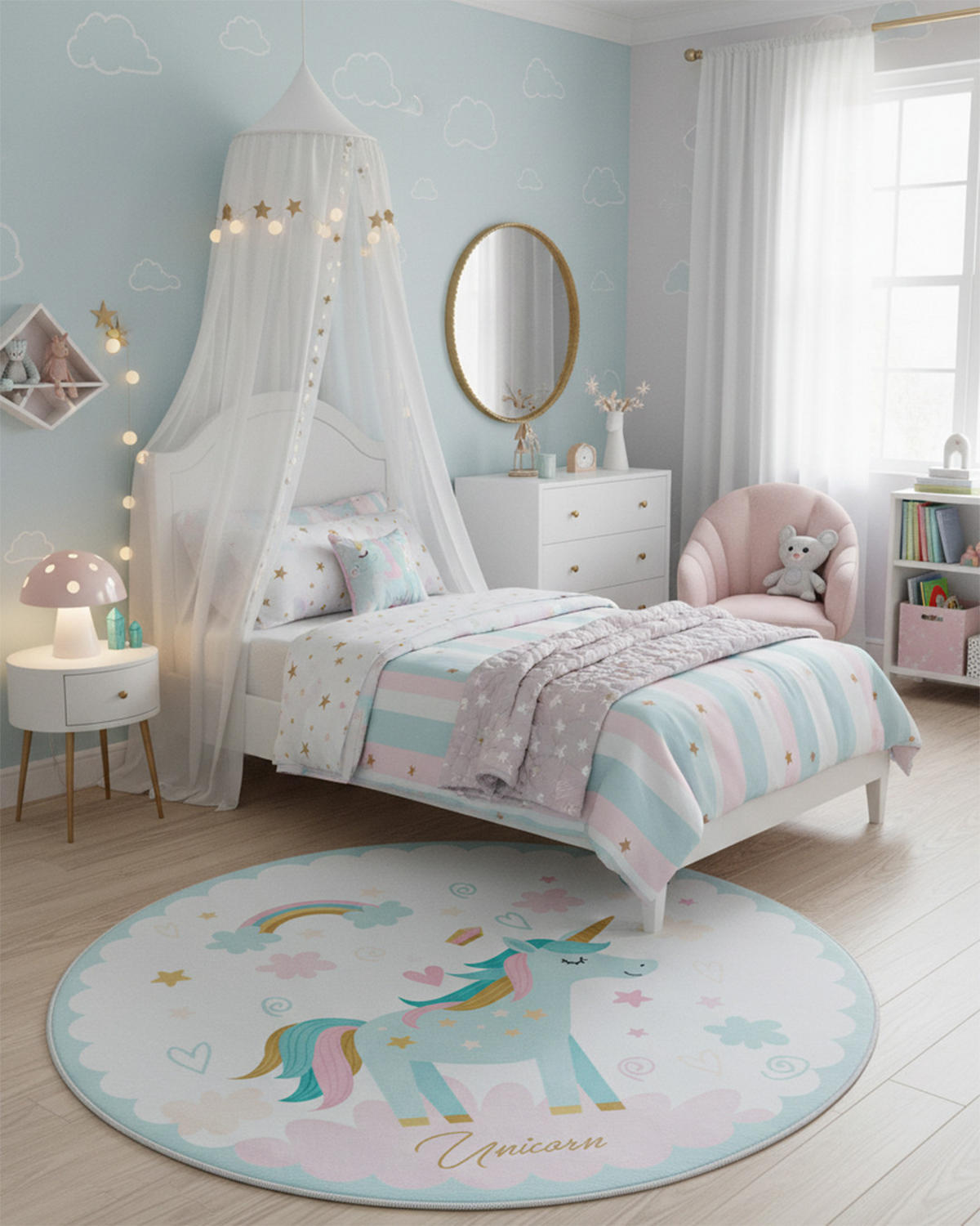 KINDERTEPPICH Bambini Dolce Mazovia Rund Ø100cm Weiß Rosa Einhorn Kurzflor - Türkis, Textil (100/100cm) - Mazovia
