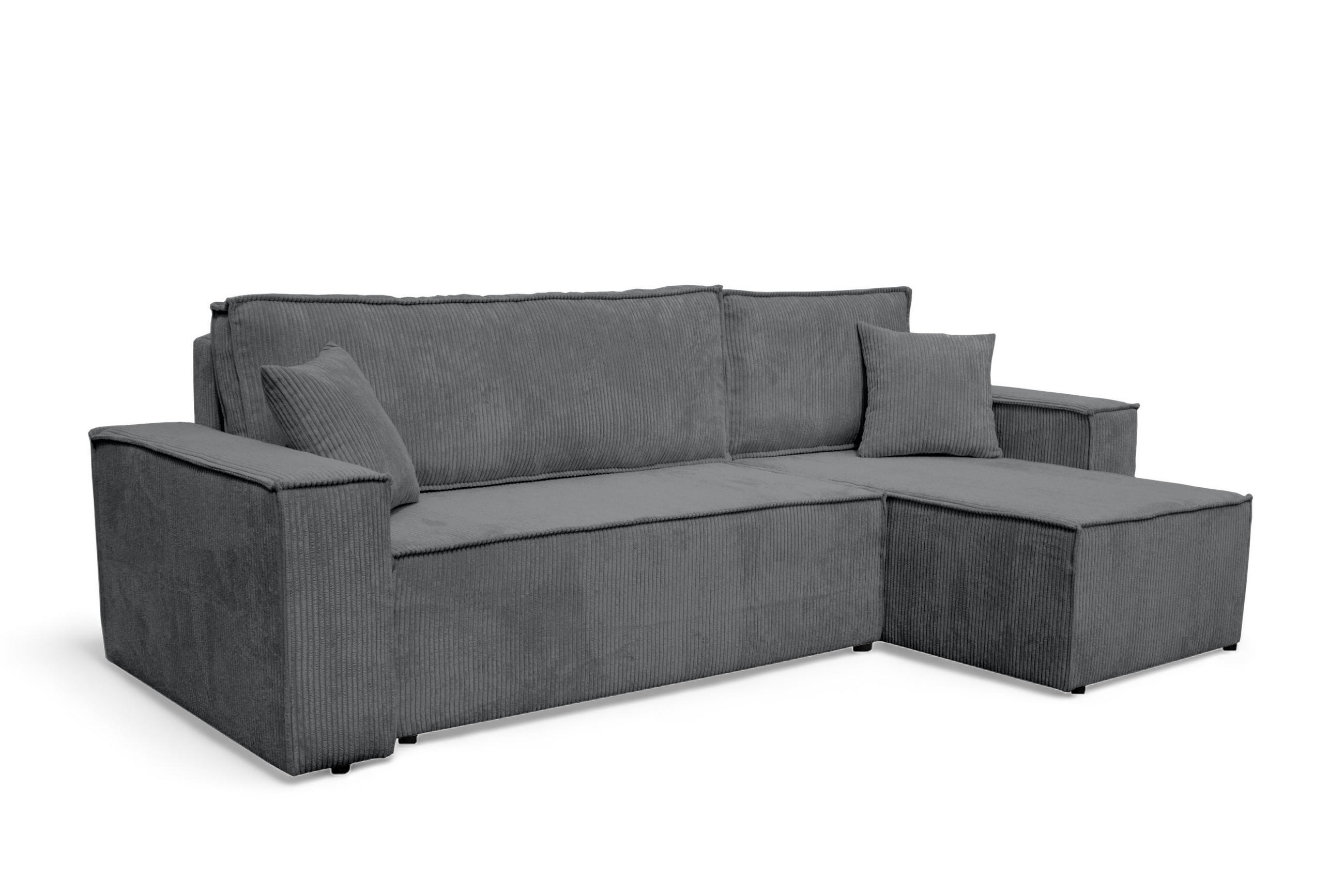 ECKSOFA Hugo L in L-Form mit Schlaffunktion und Bettkasten, Farbe: Dunkelgrau, Cordstoff, Ottomane Unsiversal - Dunkelgrau, Textil (244/145cm) - VENASI MÖBEL