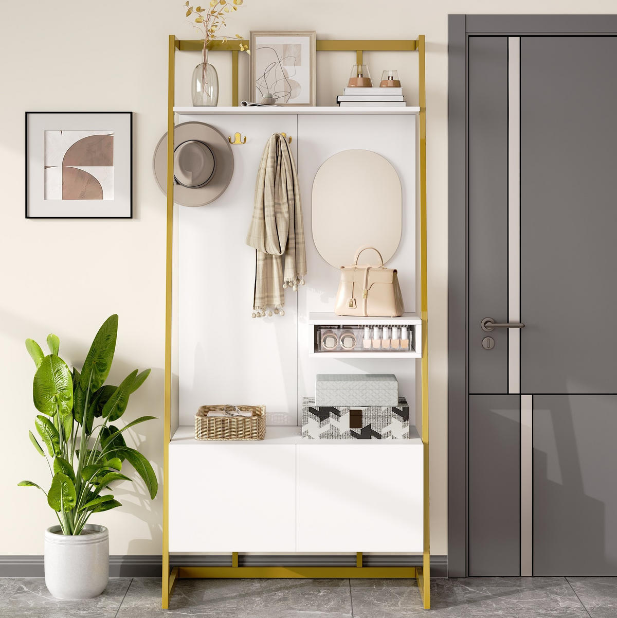 KOMPAKTGARDEROBE 78/38,5/180,5 cm aus Holzwerkstoff und Metall mit Spiegel und Schuhschrank Weiß - Weiß, Holzwerkstoff (38.5/180.5/78cm) - Modenvie