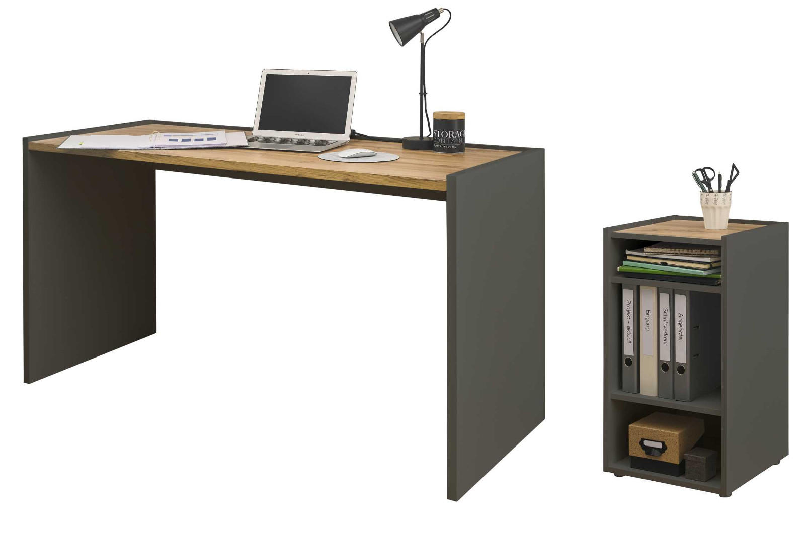 SCHREIBTISCHKOMBINATION 2-teilig grau matt, Eiche Wotan 143 cm, Büromöbel Set mit Bürocontainer - Eiche Wotan/Schwarz, Holzwerkstoff/Kunststoff (62/143/76cm) - Furn.Design