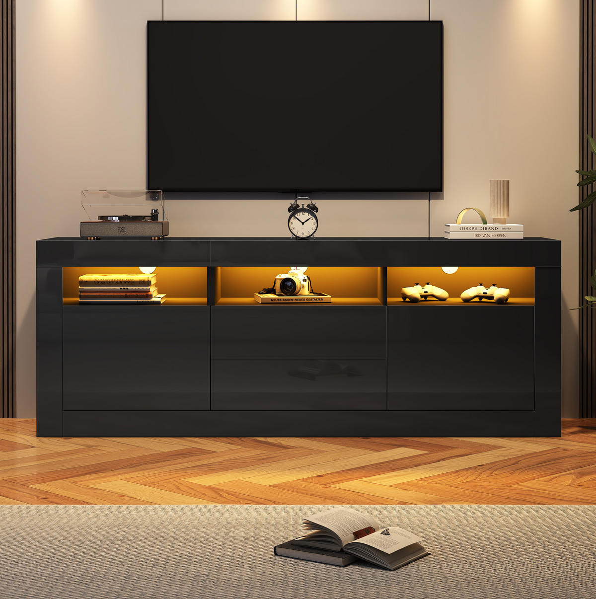 TV-LOWBOARD aus Spanplatte 160x35x60 cm Schwarz mit LED-Beleuchtung, App-Steuerung und Stauraum - Schwarz, Holzwerkstoff (160/60/35cm) - IVMEU