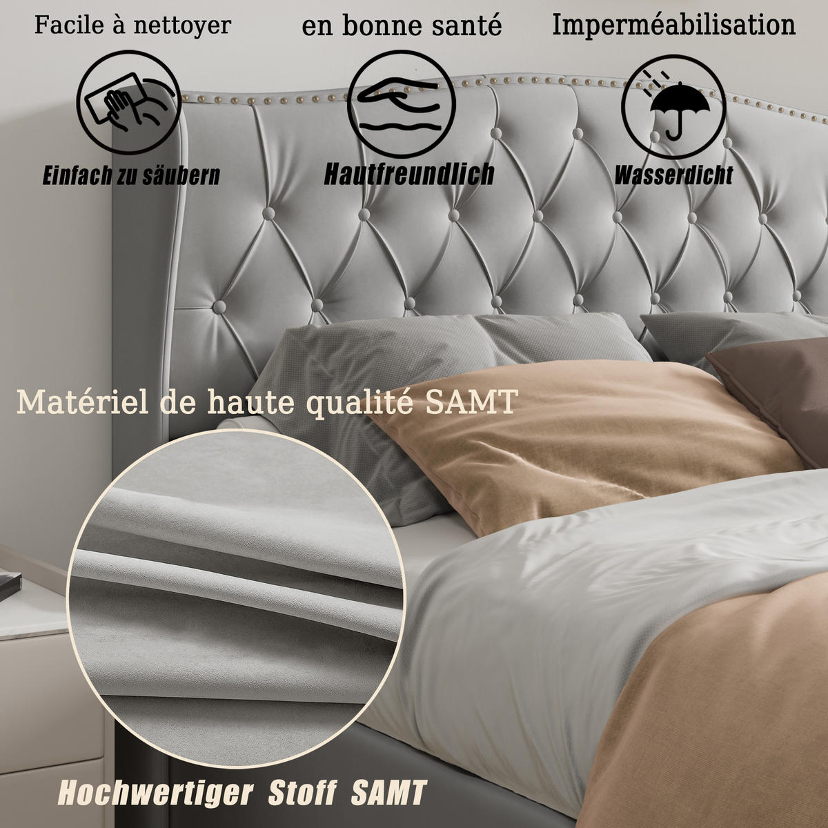 POLSTERBETT 160x200 cm Stauraum Kopfteil Lattenrost Samt grau - Grau, Holz (160/200cm) - LEBENLANG