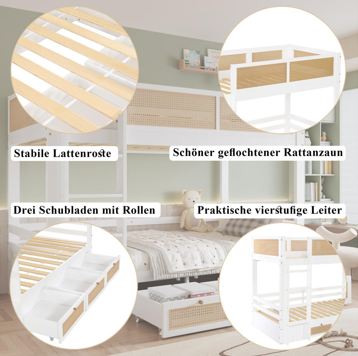 ETAGENBETT 90/200 cm aus Kiefer und MDF mit 3 Schubladen Weiß/Natur - Weiß, Holz (90/200cm) - Modenvie
