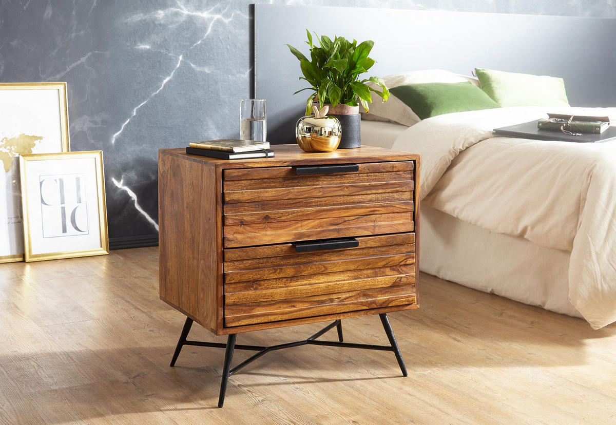 NACHTTISCH – Massivholz/Metall, große Schubladen, Industrial-Stil - Schwarz/Braun, Holz/Metall (60/60/40cm) - KADIMA DESIGN