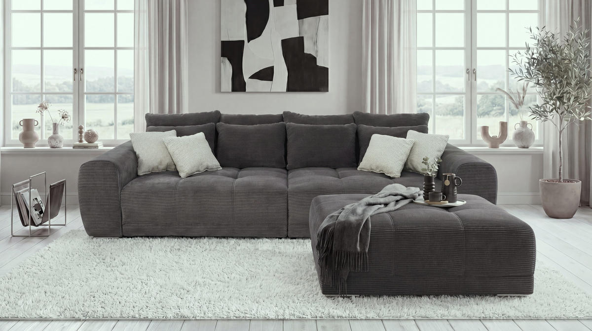 BIG-SOFA Federkern B306/T134/H86 cm, Liegefläche 120x240 cm, Cord Dunkelgrau / 15171 - Chromfarben/Dunkelgrau, Textil/Metall (306/86/134cm) - luma-home