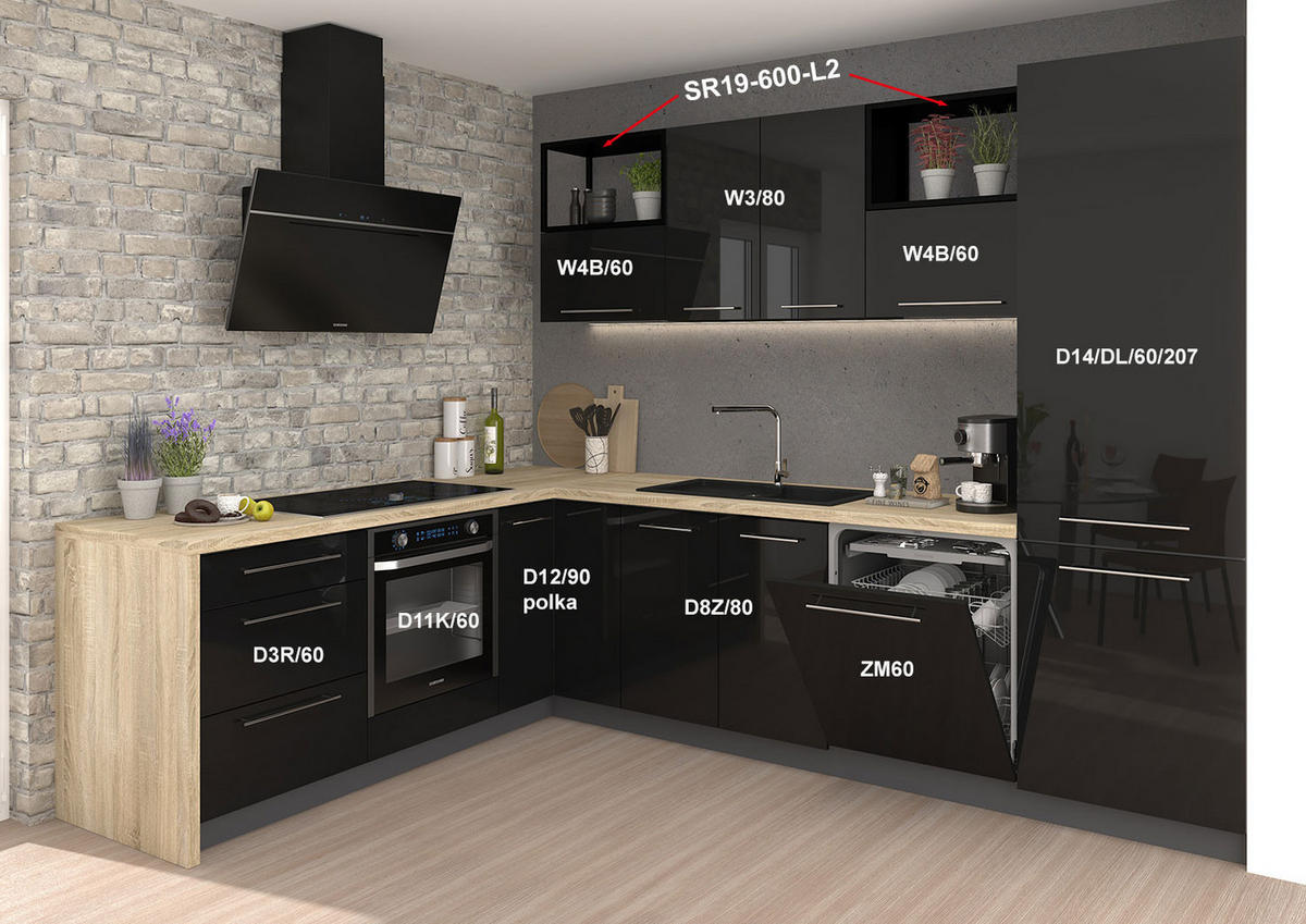 WINKELKÜCHE Essen lava matt / schwarz Hochglanz & Matt ; Arbeitsplatte Eiche Sonoma 290 / 210 / 207cm 11-teilig - Schwarz Hochglanz/Braun, Holzwerkstoff/Metall (290/207/214cm) - Feldmann-Wohnen