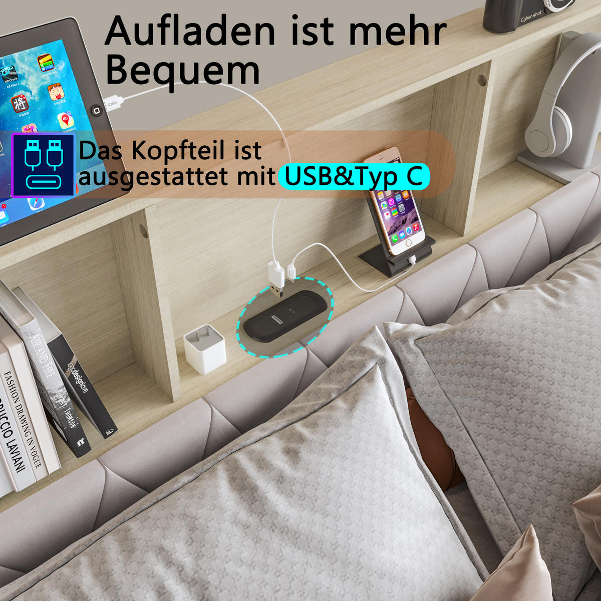 POLSTERBETT 140x200 cm, Beige, LED-Beleuchtung und USB-Typ-C, Samt - Beige, Textil/Metall (140/200cm)