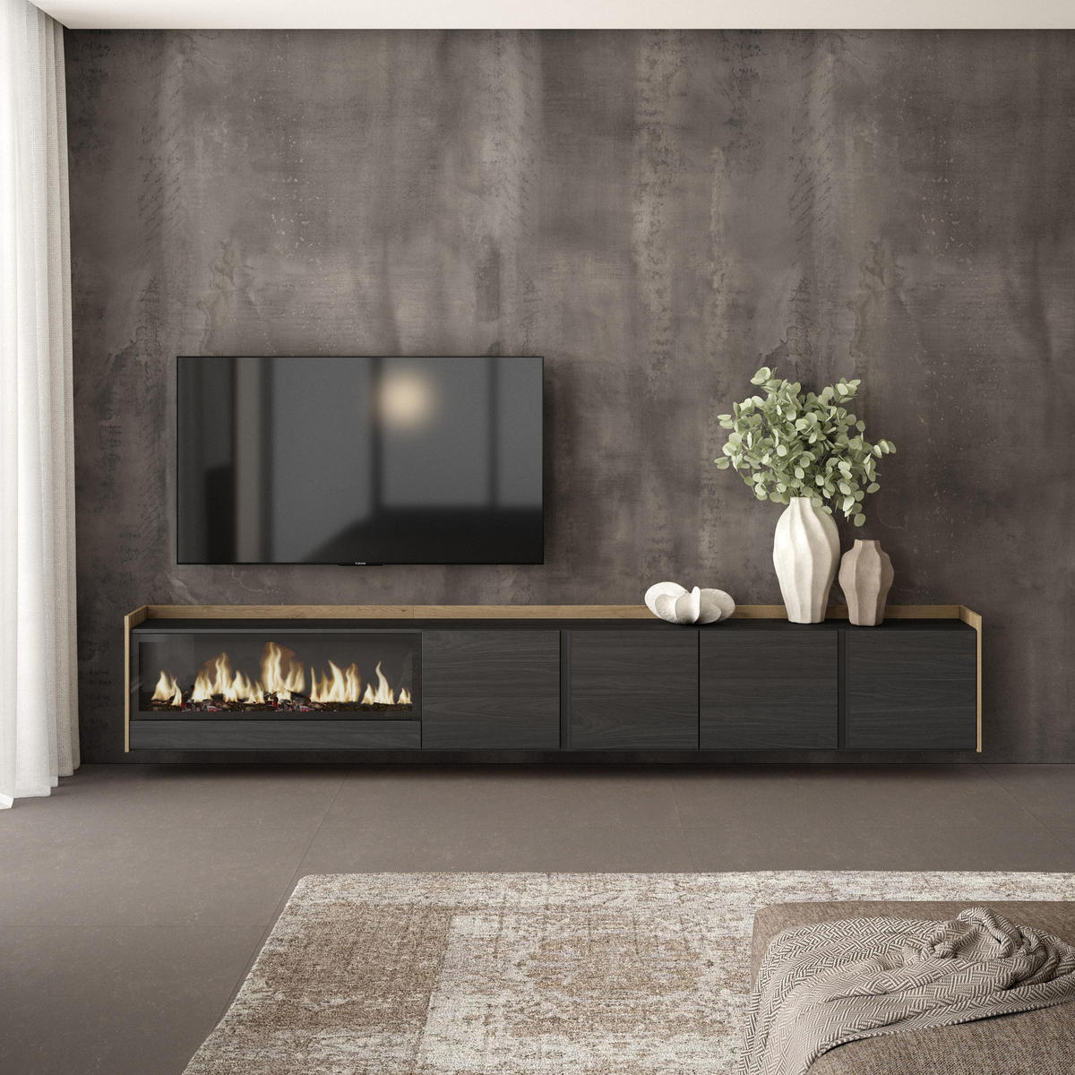 LOWBOARD, Schwarz und Eiche, 315/35/50cm, Kamin mit Feuereffekt XXL - Schwarz, Holzwerkstoff (315/50/35cm) - Skraut Home