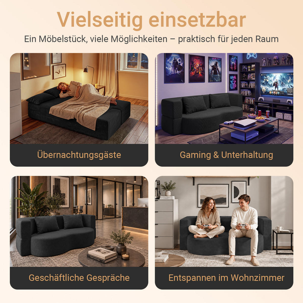 SOFA ausziehbar mit Kordstoffbezug FST101-SCH - Schwarz, Textil/Metall (177/32/107cm) - SoBuy