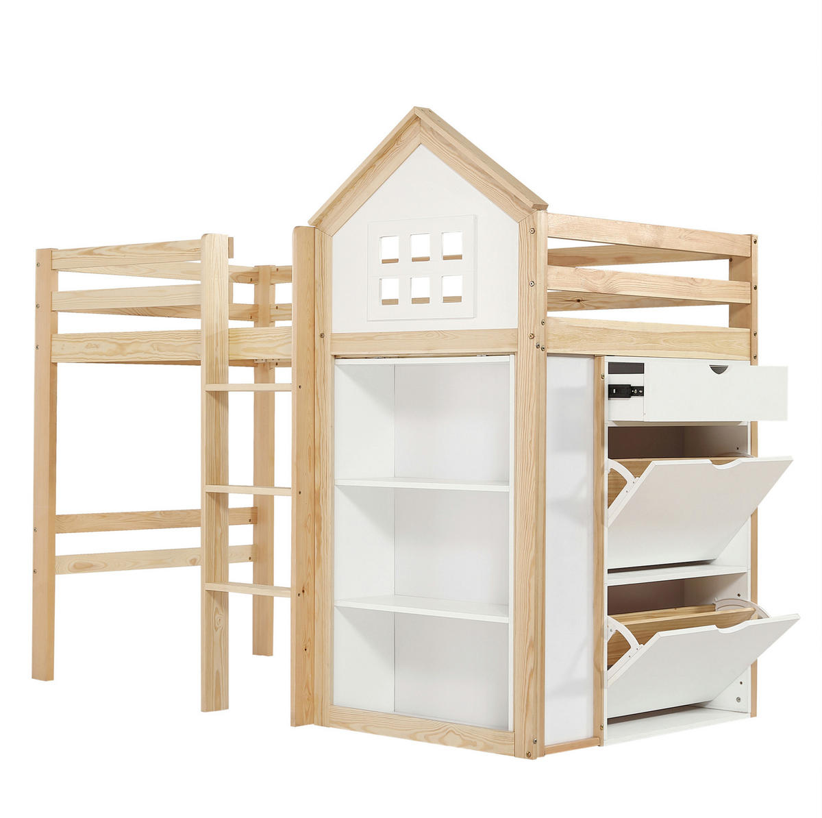 HOCHBETT Hausdesign 90/200 cm Weiß Natur mit Staufächern, Schubladen ohne Matratze - Weiß, Holz (90/200cm) - MIVRAY