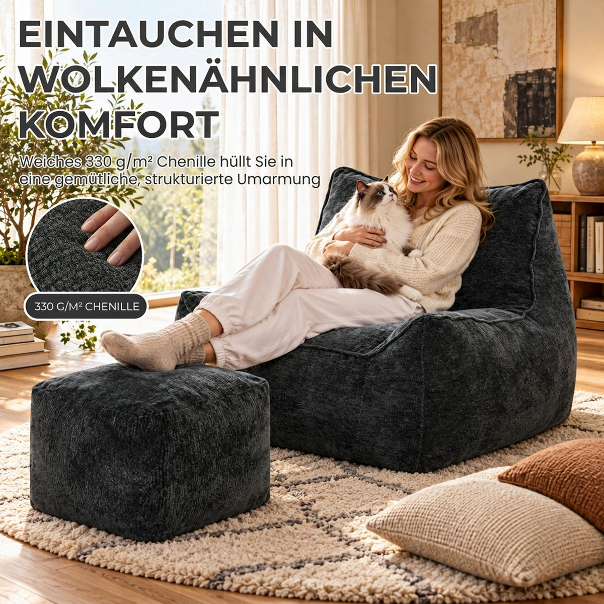 SITZSACK mit Hocker Polyester Grau - Grau, Textil (108/80/109cm) - HOMCOM